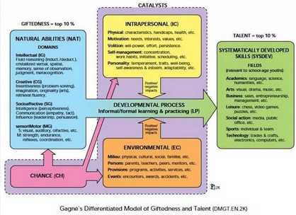 Schema van Gagné's DMGT-model waarin natuurlijke begaafdheid via motivatie, omgeving en leerproces kan uitgroeien tot ontwikkelde talenten